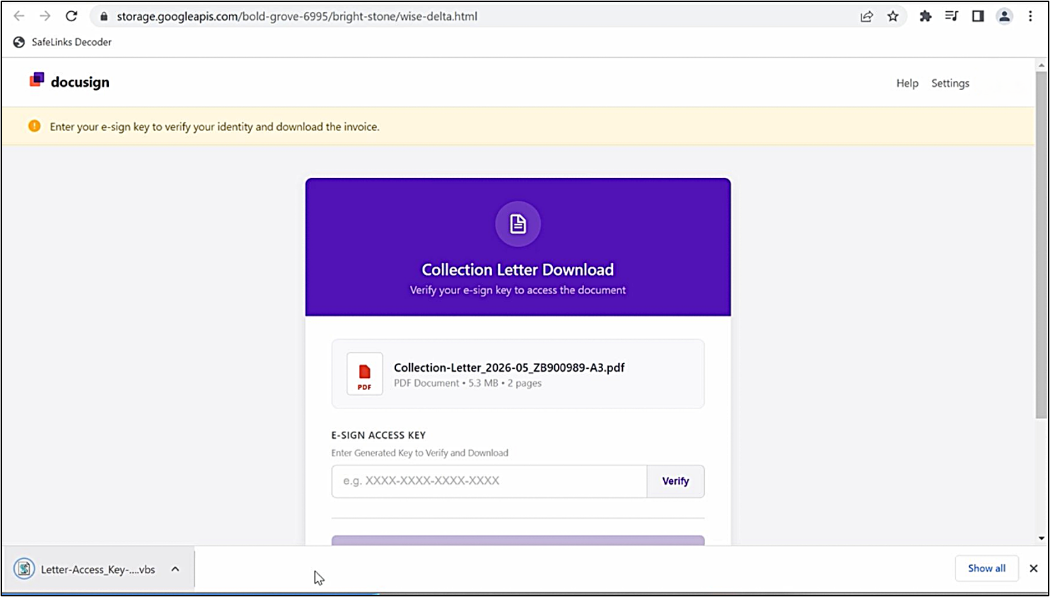 Figure 3 GCS hosted HTML lure page which immediately generate and download a Visual Basic Script VBS dropper