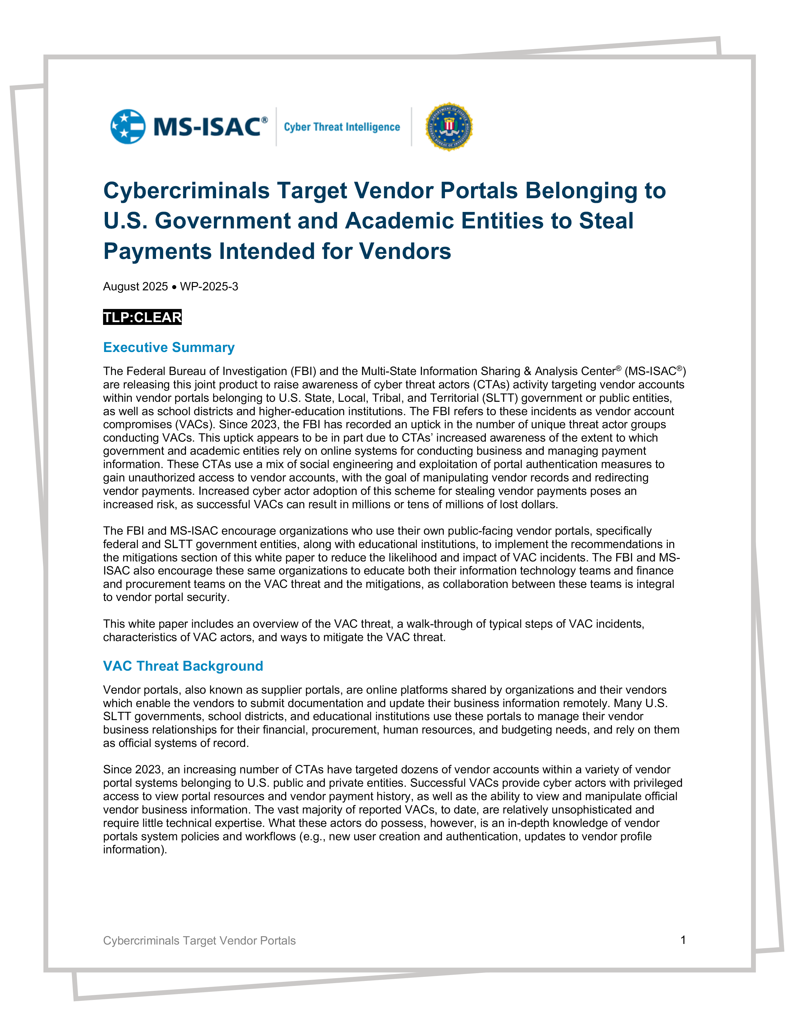 Cybercriminals Target Vendor Portals Belonging to U.S. Government and Academic Entities to Steal Payments Intended for Vendors