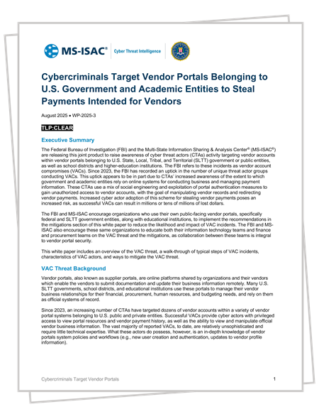 Cybercriminals Target Vendor Portals Belonging to U.S. Government and Academic Entities to Steal Payments Intended for Vendors
