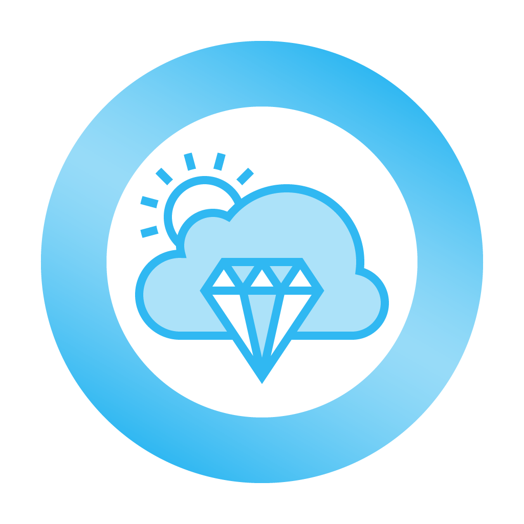 Cloud icon—surrounded by a circle, the sun comes up over a cloud with a diamond on it, diamond hardened.