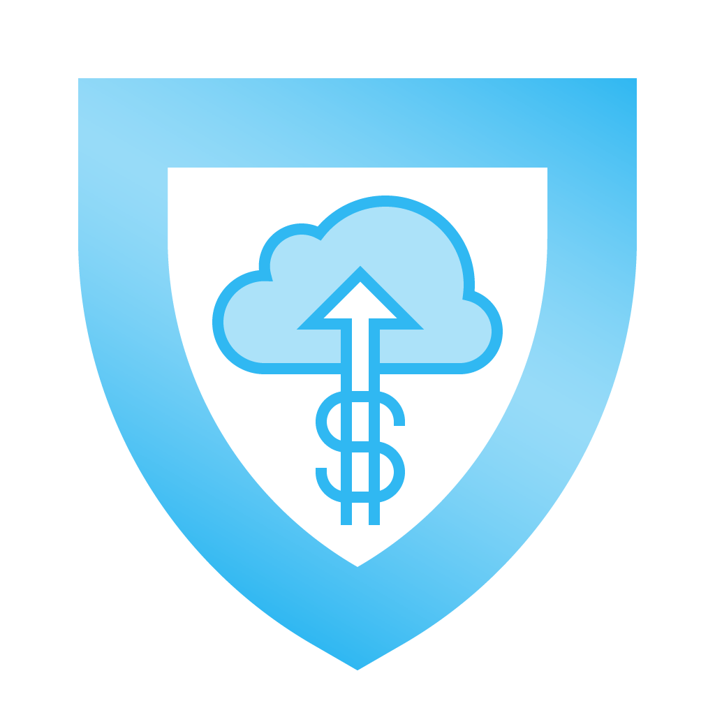 Cloud icon—surrounded by a shield there is a cloud with an arrow up and a dollar sign on it, representing cloud security budget.