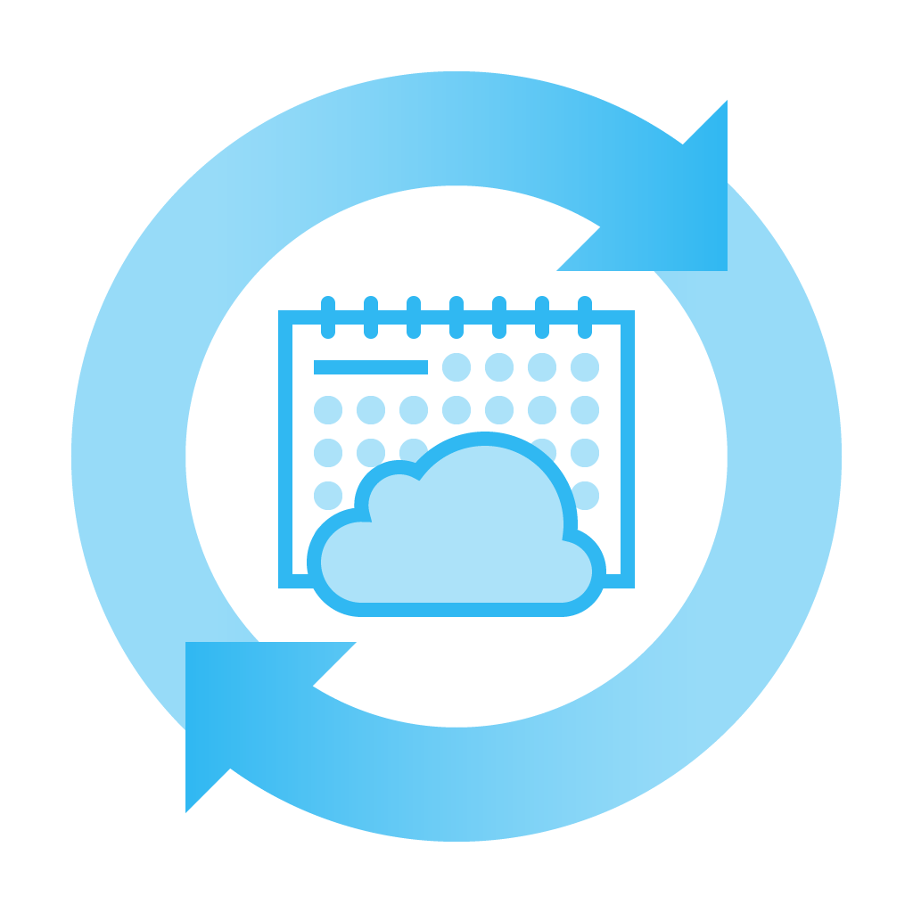 Cloud icon—surrounded by a circle with arrows, a calendar is behind a cloud, representing cloud update monthly.