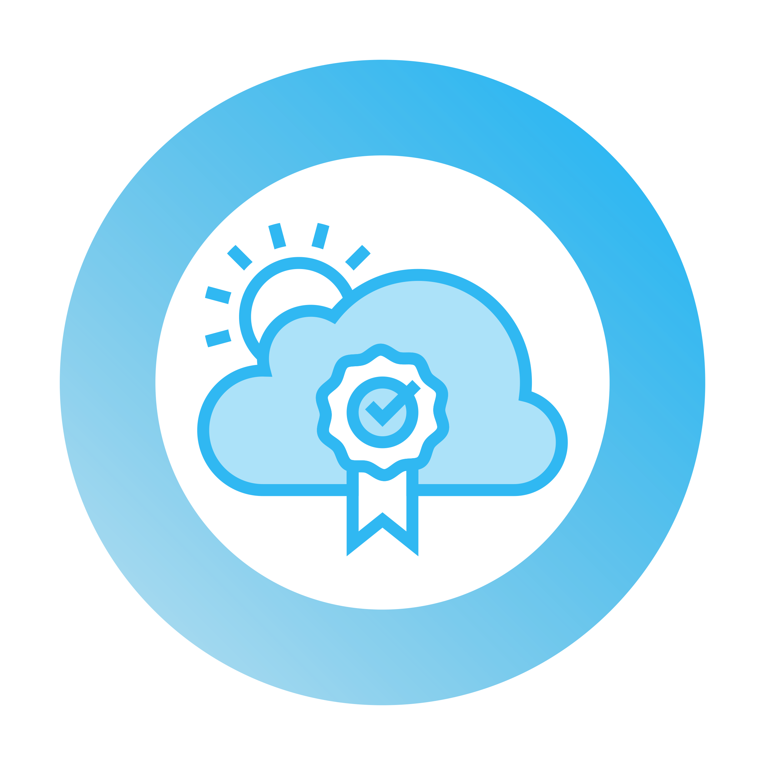 Cloud icon—surrounded by a gear, the sun comes up over a cloud with a ribbon on it, compliance.
