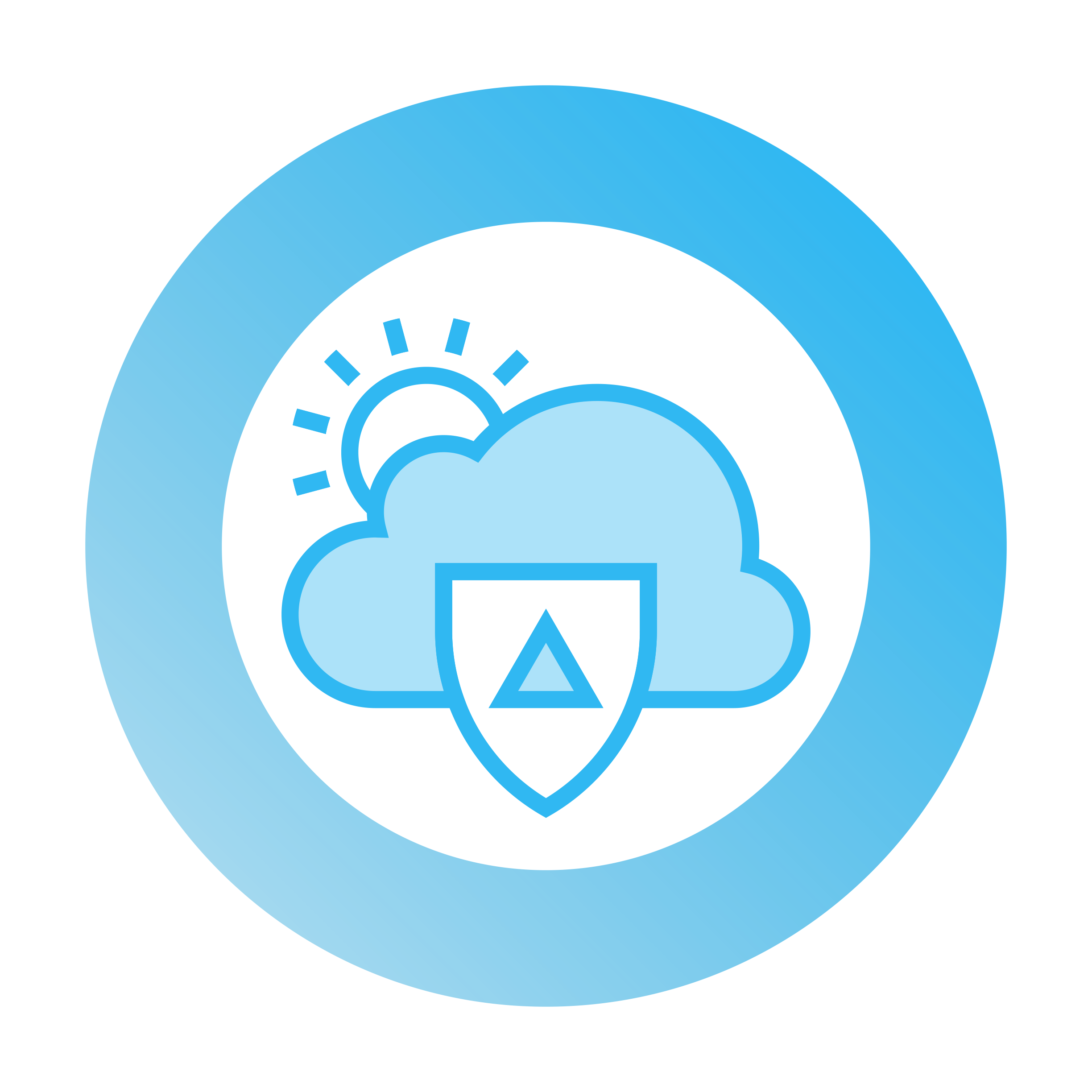 Cloud icon—surrounded by a gear, the sun comes up over a cloud with a shield on it, defense.