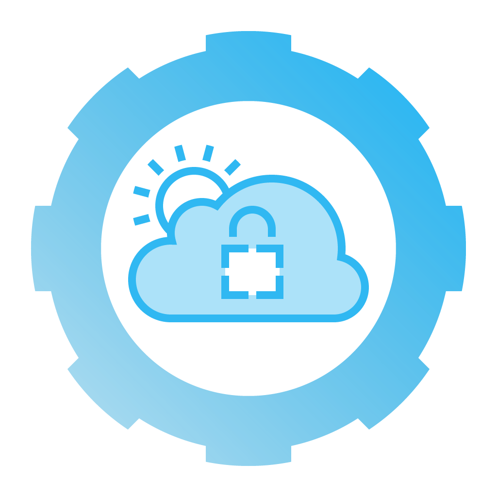 Cloud icon—surrounded by a gear, the sun comes up over a cloud with a lock on it, security posture management.