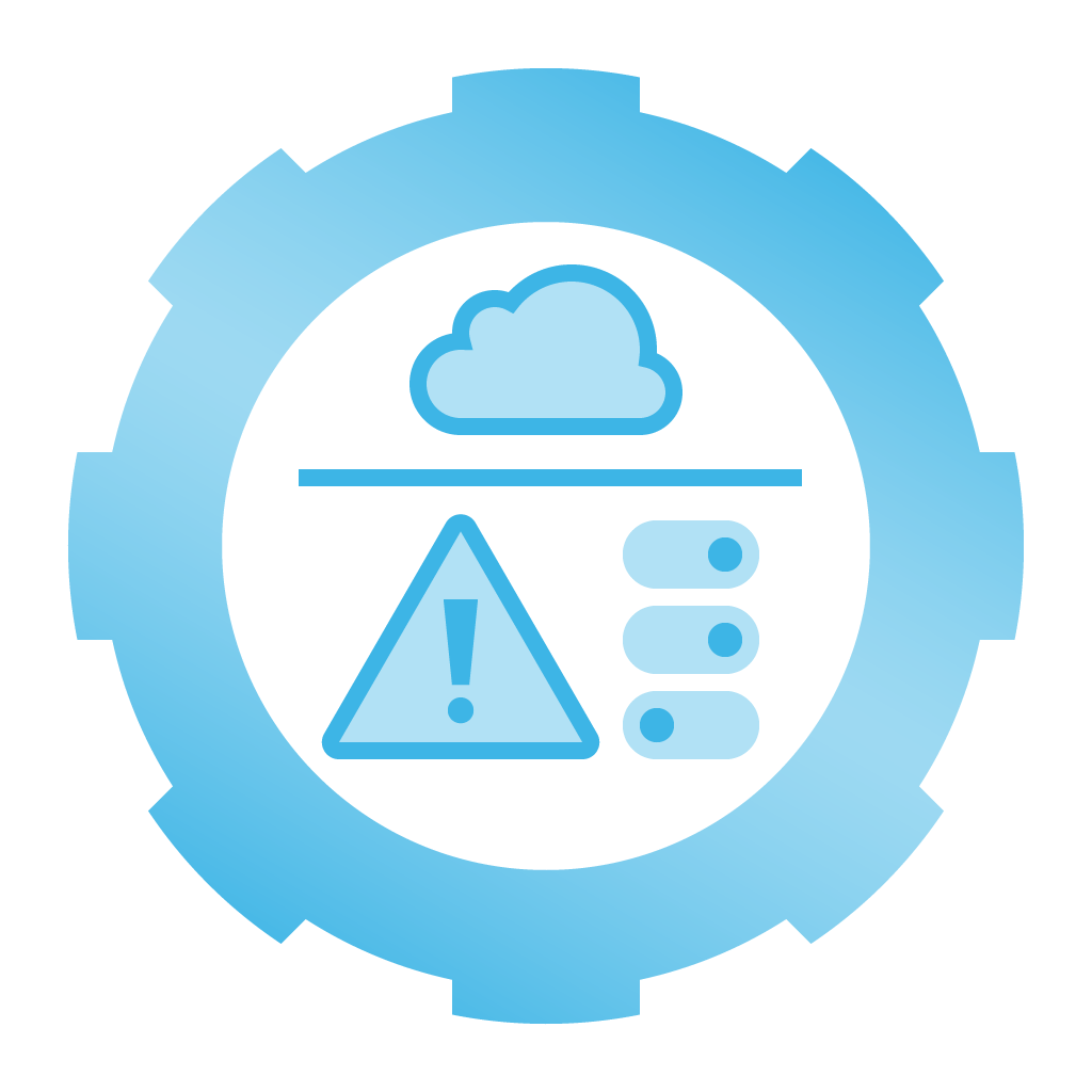 Cloud icon—surrounded by a gear, a cloud is above a line with alert and toggle icons underneath, representing misconfigured cloud settings.